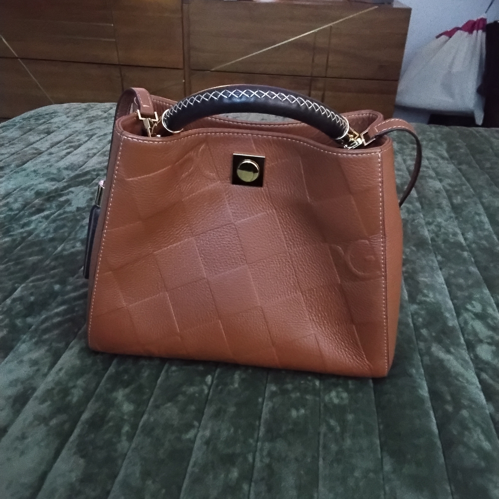 PURIFICACION GARCIA Authentic Chic Tan Leather Satchel with Tassel